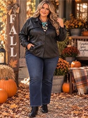 Plus Size Black Faux Leather Button-Front Jacket